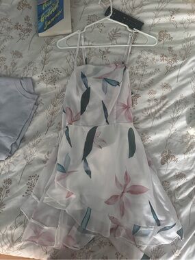 Woman’s White Floral Chiffon Dress with Pink and Blue Leave Pattern
